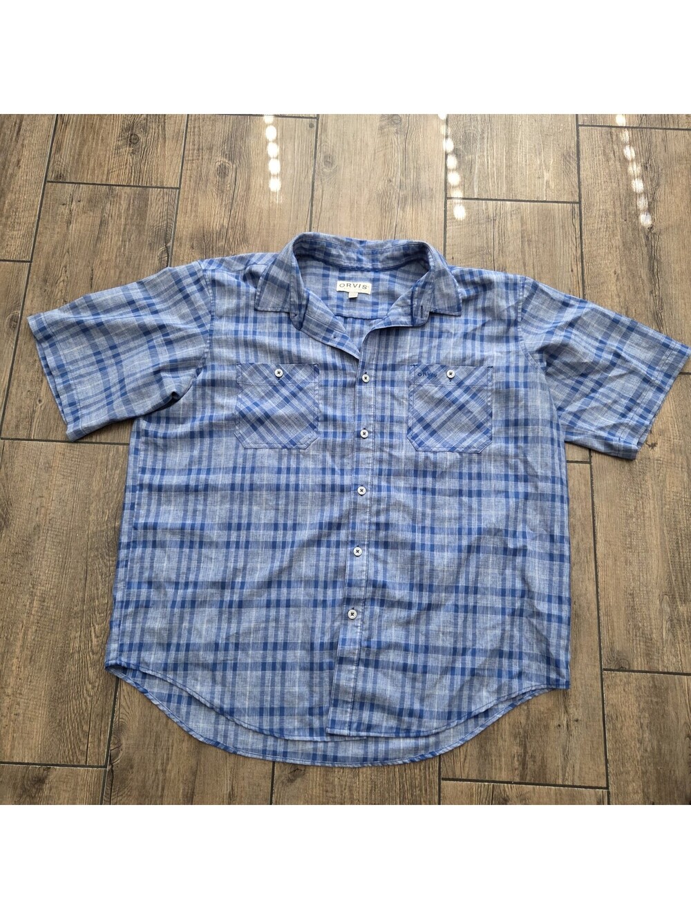 Orvis Mens XXL Blue Plaid Short Sleeve Button Down Cotton Shirt Pocket Classic